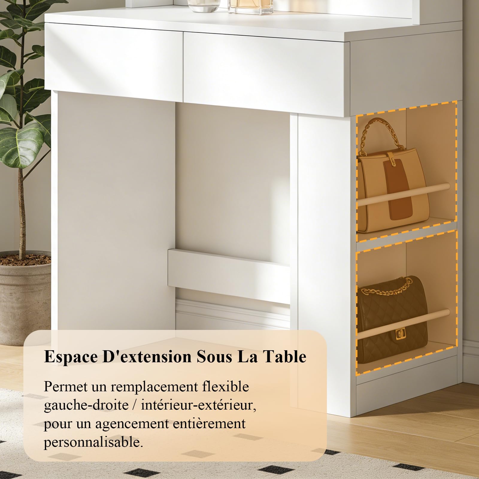 Devoko Coiffeuse avec Miroir LED, Luminosité Réglable, 108x40x126cm, Table de Maquillage avec 2 Grand Tiroirs, 4 Étagères et Rangement Latéral (Blanc, Modèle Globe de 90 cm)