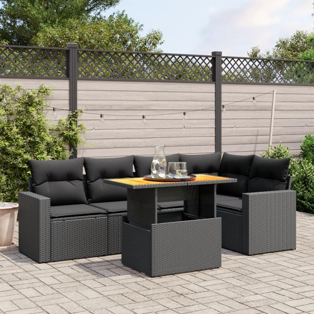 Salon de Jardin 6 Places avec Coussins Noirs résine tressée modulable Table relevable canapés d Angle extérieur terrasse Patio Ensemble mobilier Lounge Noir