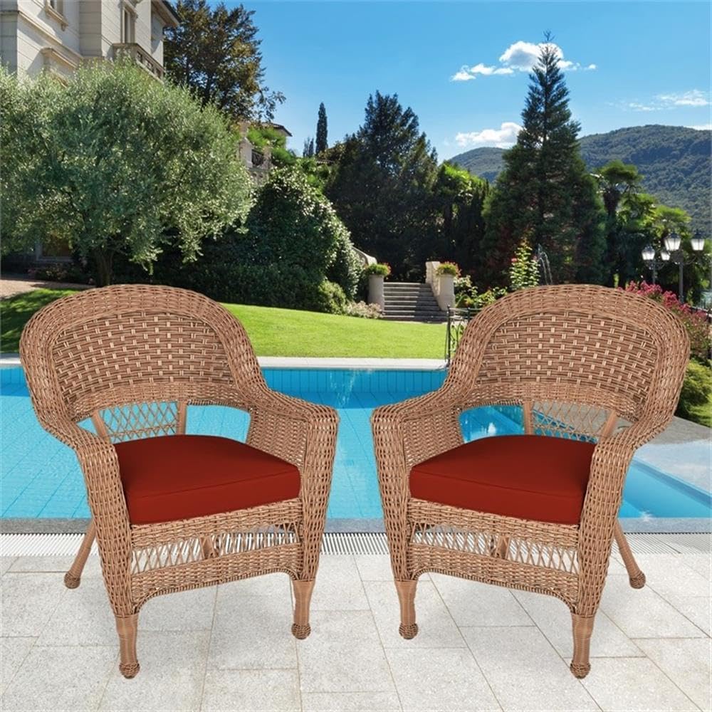 Pemberly Row Wicker Outdoor Chairs, Honey Finish with Red Cushions, Set of 2, 36" H x 26" W x 29.5" D, Resin Wicker and Steel Frame, Stackable Design, Weather-Resistant Patio or Garden Seating