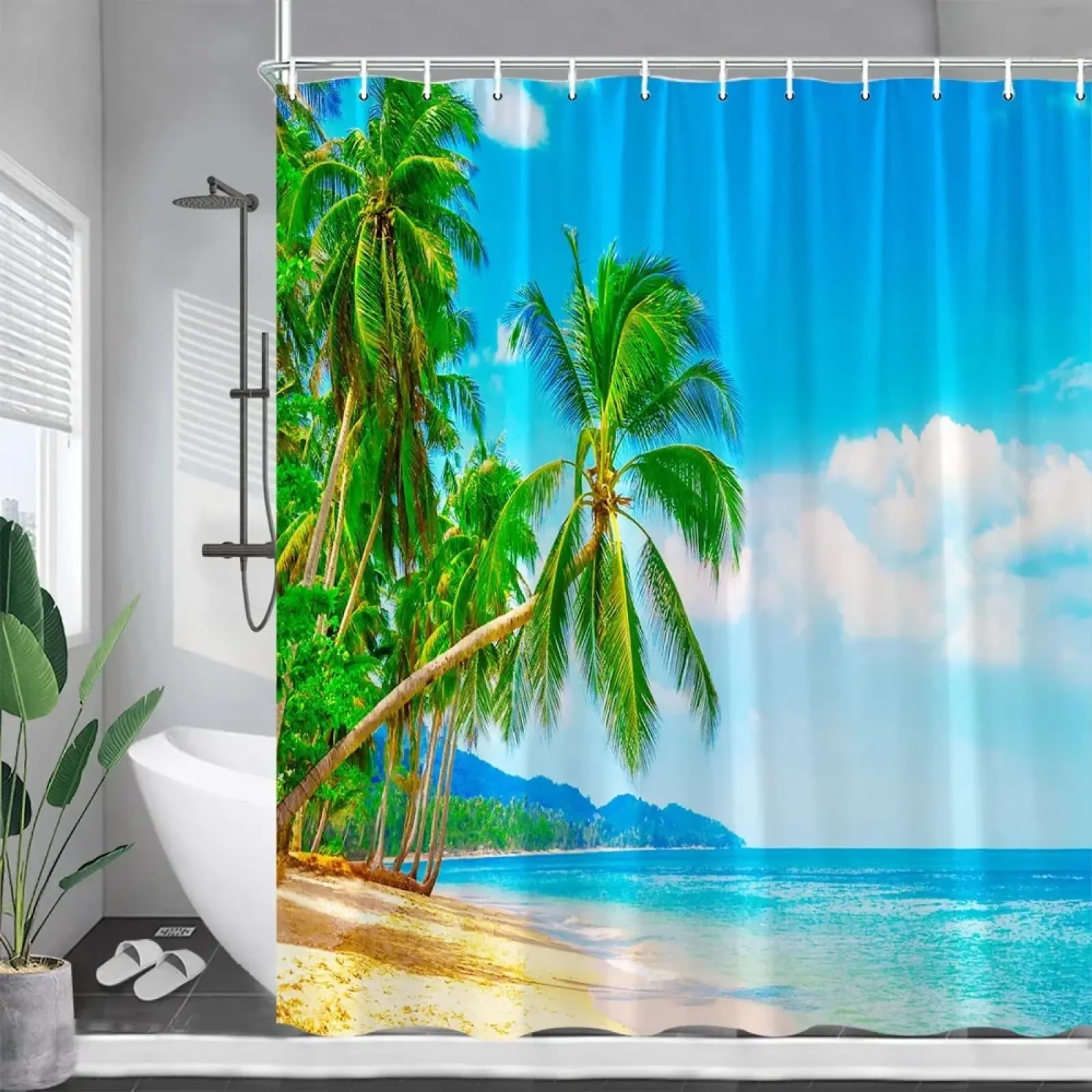 Rideau de douche de plage motif vagues de la mer et fleurs exotiques grand format 148x202cm