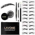 LAVONE Eyebrow Stamp Stencil Kit for Eyebrows, Brow Stamp Trio Kit with Waterproof Eyebrow Pencil, Eyebrow Pomade, 20 Eyebrow Stencils, Dual-ended Eyebrow Brush and Sponge Applicator - Black