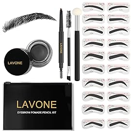 LAVONE Eyebrow Stamp Stencil Kit for Eyebrows, Brow Stamp Trio Kit with Waterproof Eyebrow Pencil, Eyebrow Pomade, 20 Eyebrow Stencils, Dual-ended Eyebrow Brush and Sponge Applicator - Black