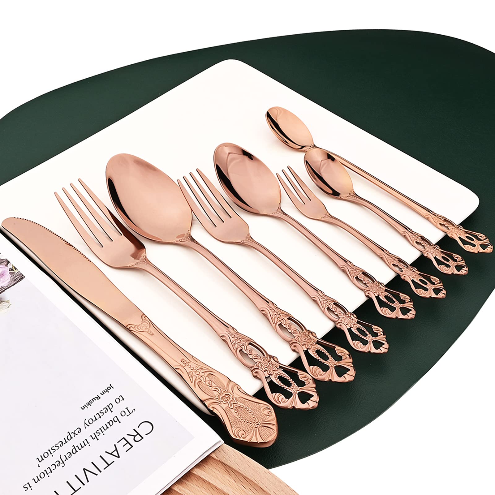 Royal - Vajilla de 24 piezas con espejo de oro rosa, de acero inoxidable 18/10 para 6 vajillas, ideal para bodas, restaurantes, lavaplatos