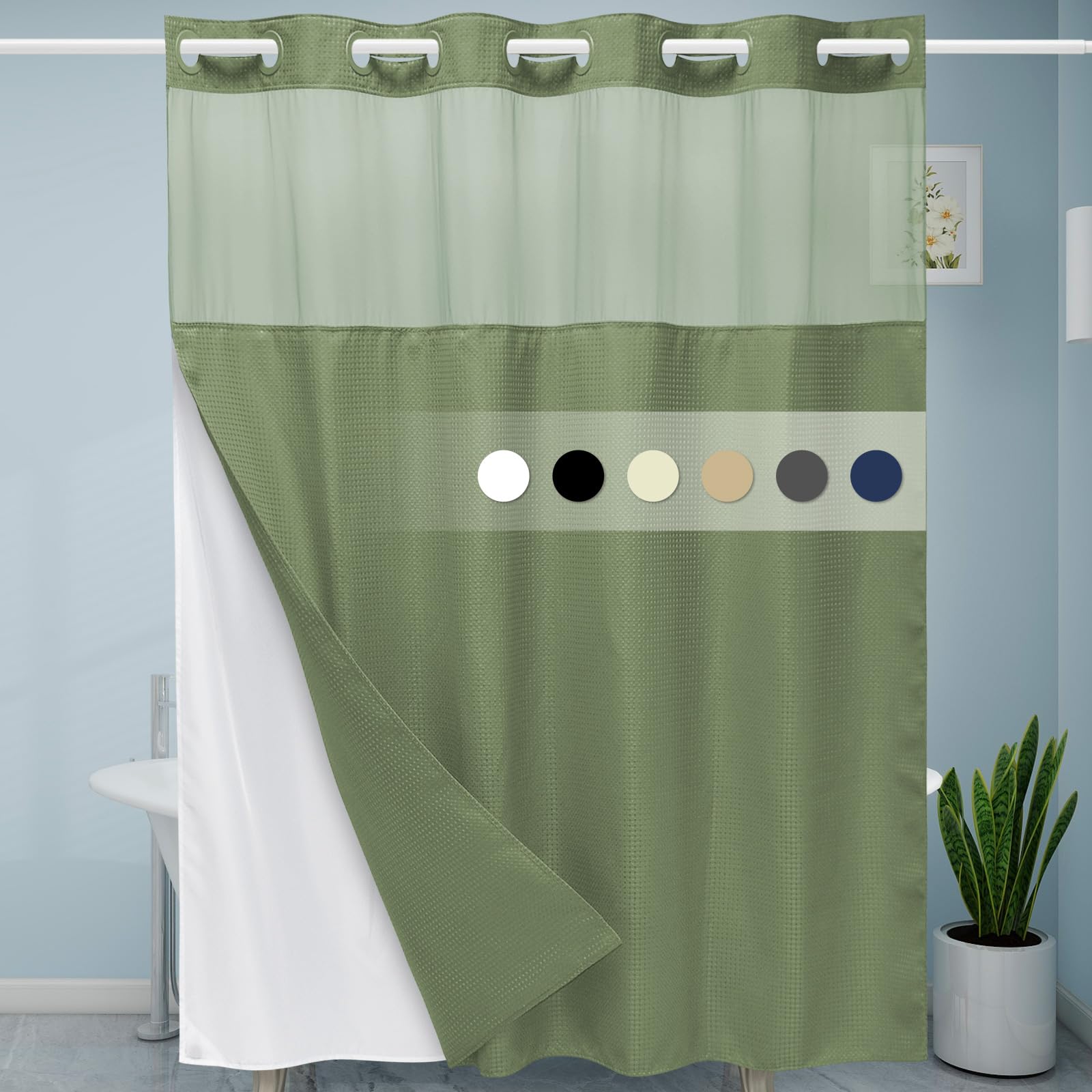 Sage Green Hotel Shower Curtain - 230GSM Waffle Textured Heavy Duty Thick Fabric Shower Curtains for Bathroom,71W x 74H
