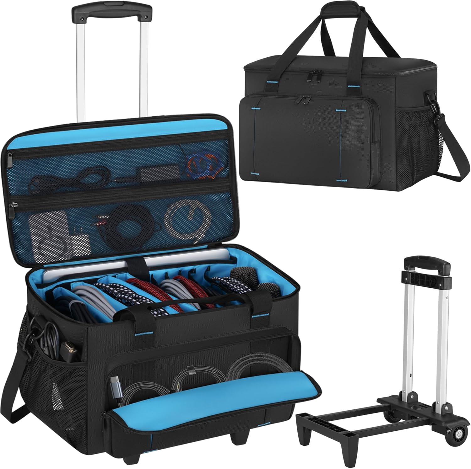 Rolling DJ Cable File Bag, DJ Gig Bag Padded Case with Detachable Trolley & Dividers, Cable Organizer with Multi-pocket & Compartment for 15.6” Laptop, DJ Gear, Musical Instrument, Sound Equipment