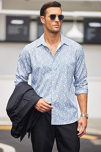 Miniatura 4 de COOFANDY Camisas de vestir florales para hombre, manga larga, ajuste regular, camisas casuales con botones