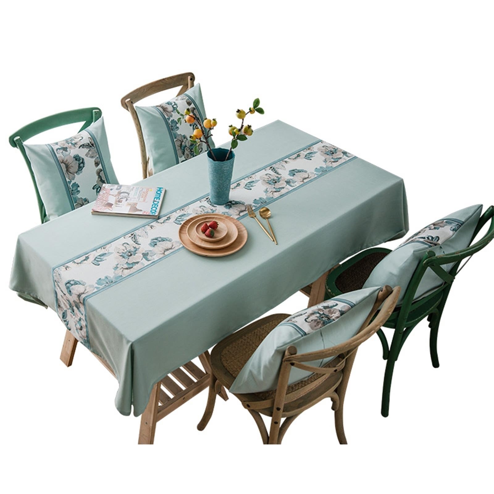 Tablecloth zielony, poliester zmywalny obrus haft kwiatowy obrus prostokątny 135 x 220 cm