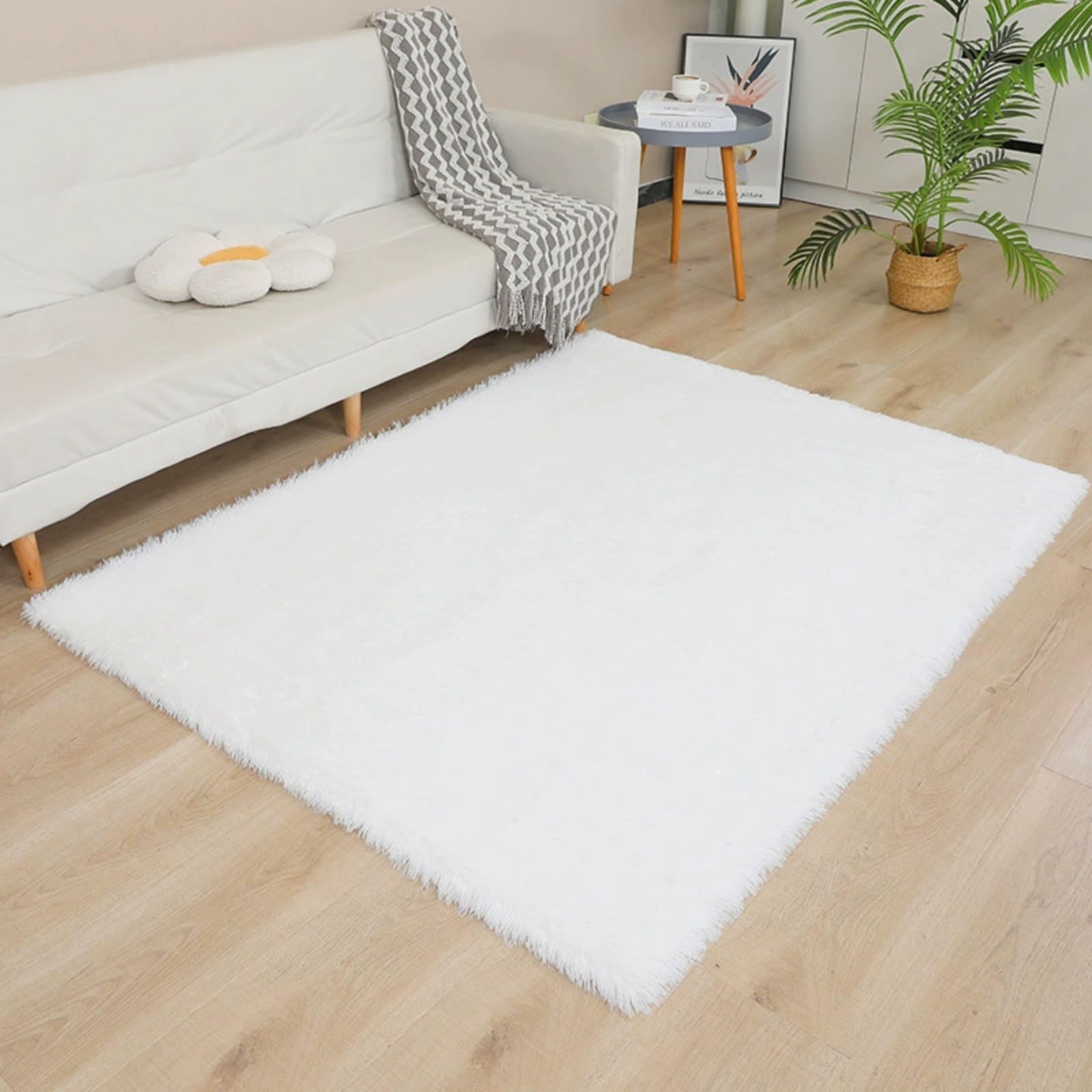 Tapis à poils longs lavable tapis de chambre antidérapant blanc peluche moderne 120x160