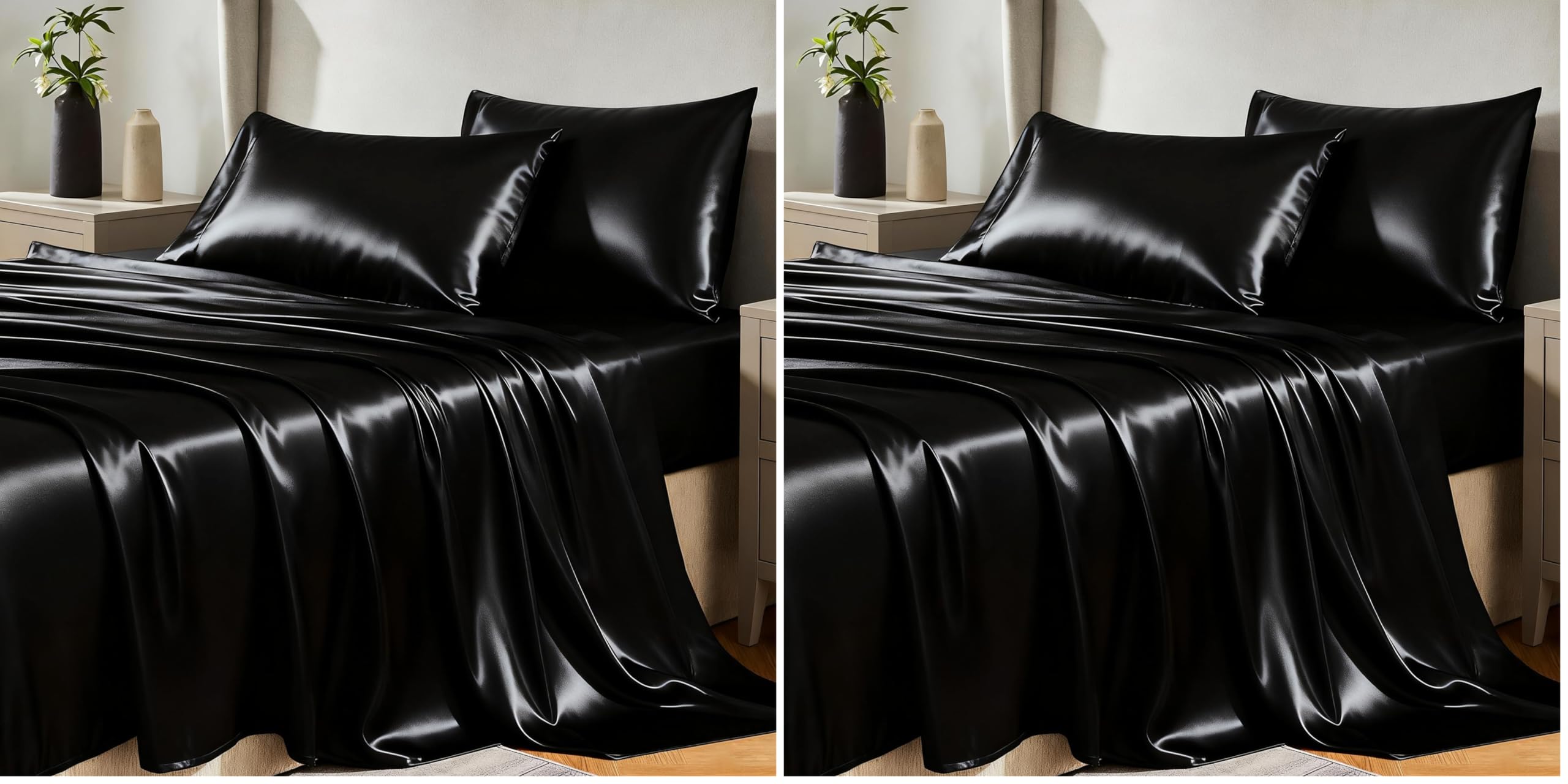 CozyLux Satin Sheets Queen Size Bed Set - 4 Piece Silky Queen Sheet Set, Luxury Black Queen Sheets with Smooth and Soft Microfiber, Includes 1 Fitted Sheet, 1 Flat Sheet and 2 Pillowcases (Pack of 2)