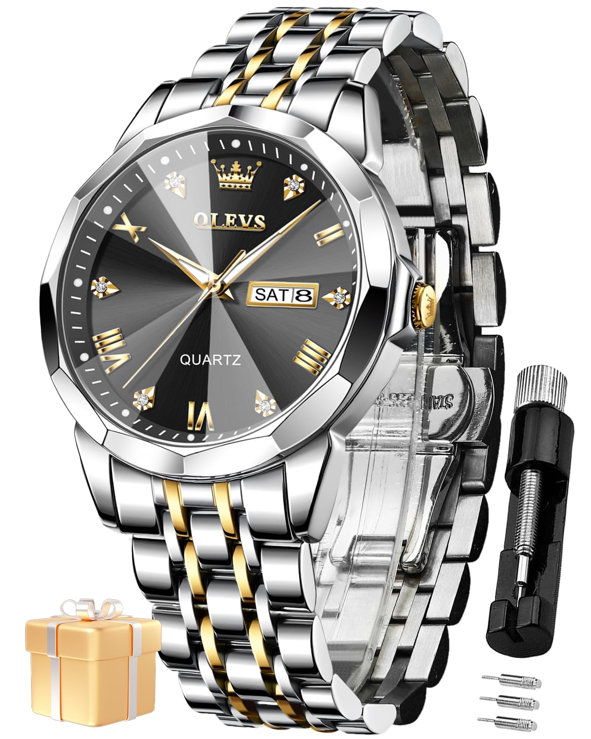 OLEVS Watch for Man Analog Quartz Dress Diamond Business Stainless Steel Watches Waterproof Luminous Date Luxury Wrist Watches