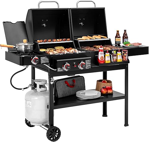 Miniatura 10 de Parrilla de gas y carbón combinada de 2 quemadores con ahumador lateral y quemador lateral, parrilla de combustible dual de 34.000 BTU, área de