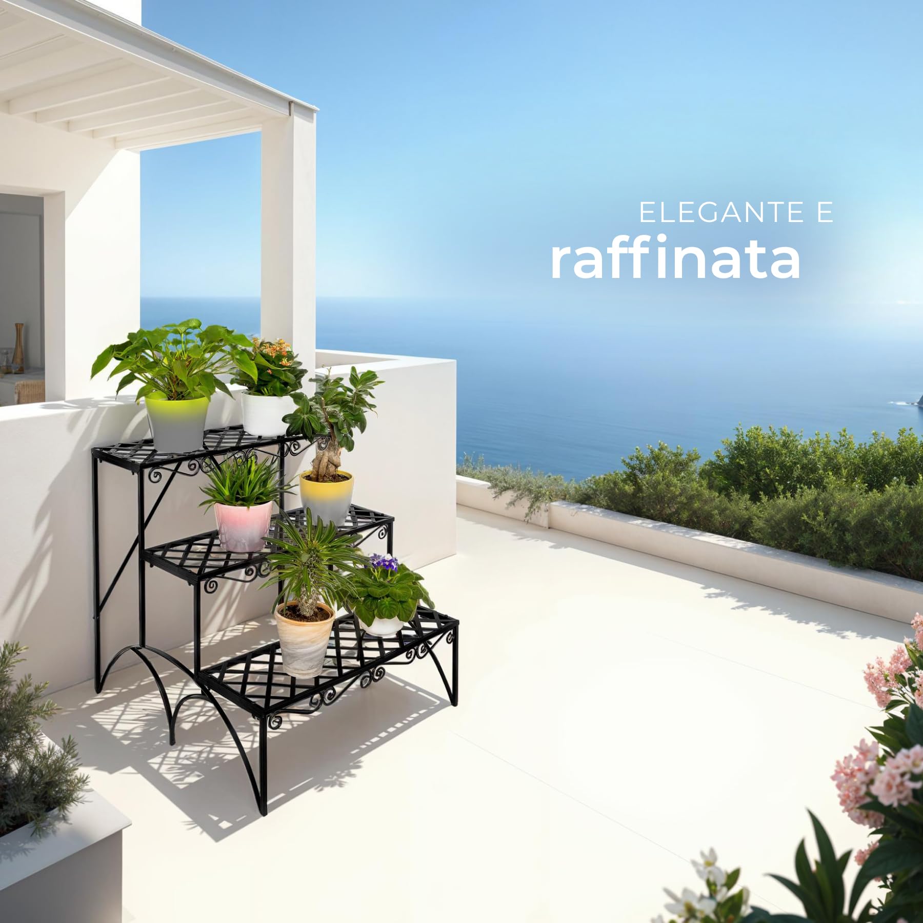 tectake® Fioriera Portavasi, Scala a 3 Gradini, Supporto per Piante, Struttura in Ferro, Decorativa da Esterno, Arredamento Balcone, 60x60x60 cm, Portata 30 kg