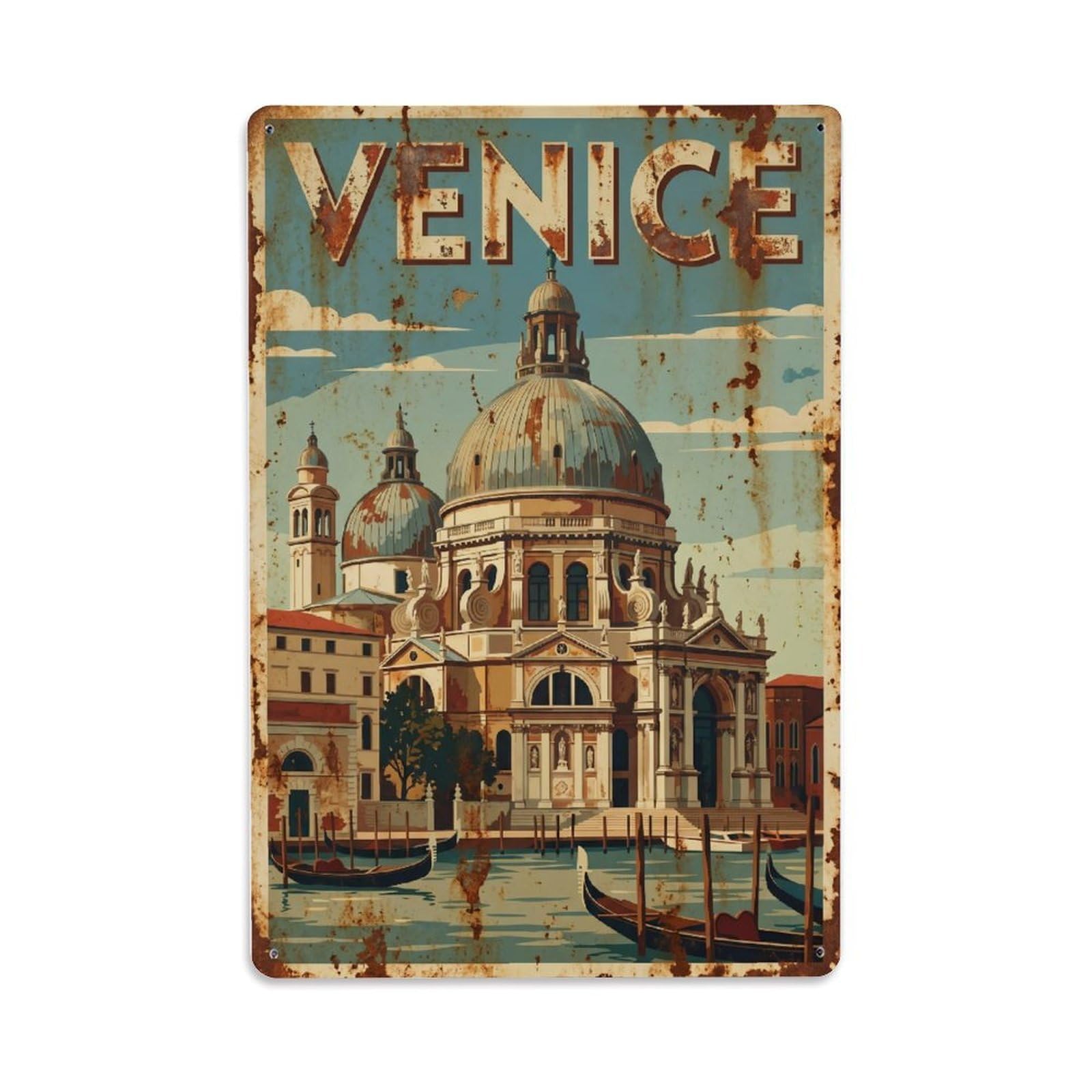 Vintage Travel Venice Santa Maria Della Salute Baroque Church Rusted Italy 1 Metal Tin Sign Plaque Wall Decor for Cafe, Club Bar, Office, Home Garden Metal Poster 8x12Inch
