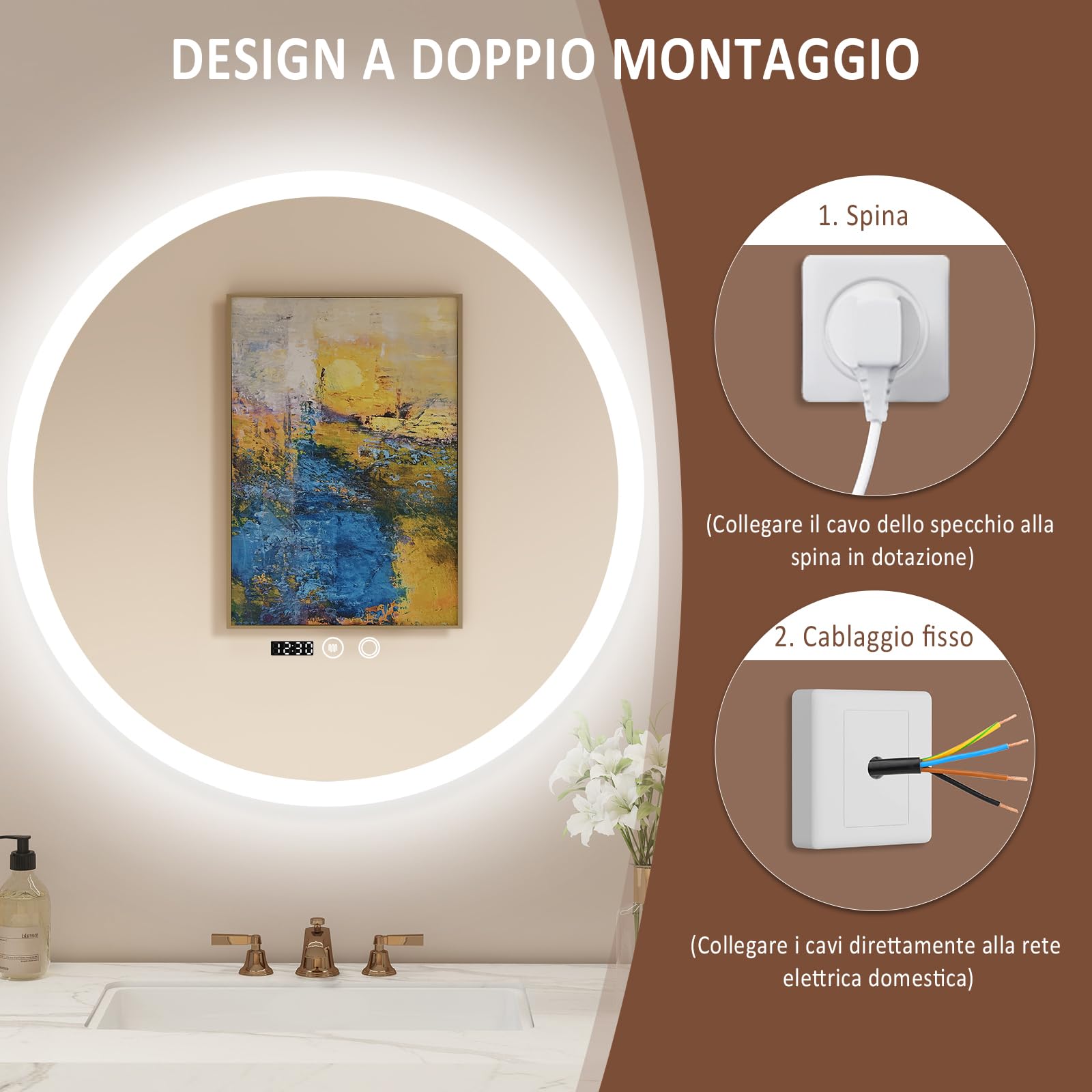 YU YUSING Specchio Bagno Rotondo con Luce LED 70cm, Specchio da Parete Retroilluminato Bagno, 3 Colori di Luce, Luminosità Regolabili, Interruttore Touch, Antiappannamento, Display Dell'Ora, IP44