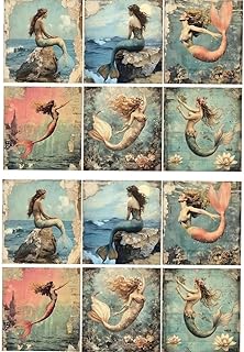 Rice Paper for Decoupage, Vintage Mermaids, Perfect for Scrapbooking, Journaling, Christmas Ornaments, Seashells, Candles, 1 Rice Paper, A4, A5 (A4-1PC)