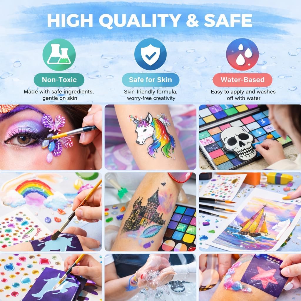 44 Color Face Painting Kit – Non-Toxic Water Activated Face Paint Palette with Matte, Glitter & Fluorescent Colors, Brushes, Stencils & Gems for Halloween, Carnival, Parties