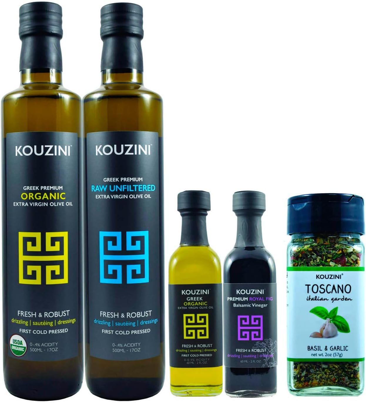 Kouzini Medusa Bundle, Premium Greek Organic Extra Virgin Olive Oil, Raw Unfiltered Extra Virgin Olive Oil, Royal Fig Balsamic Vinegar, and Basil Garlic Seasoning, For Kitchen, Grill, Salad Dressings