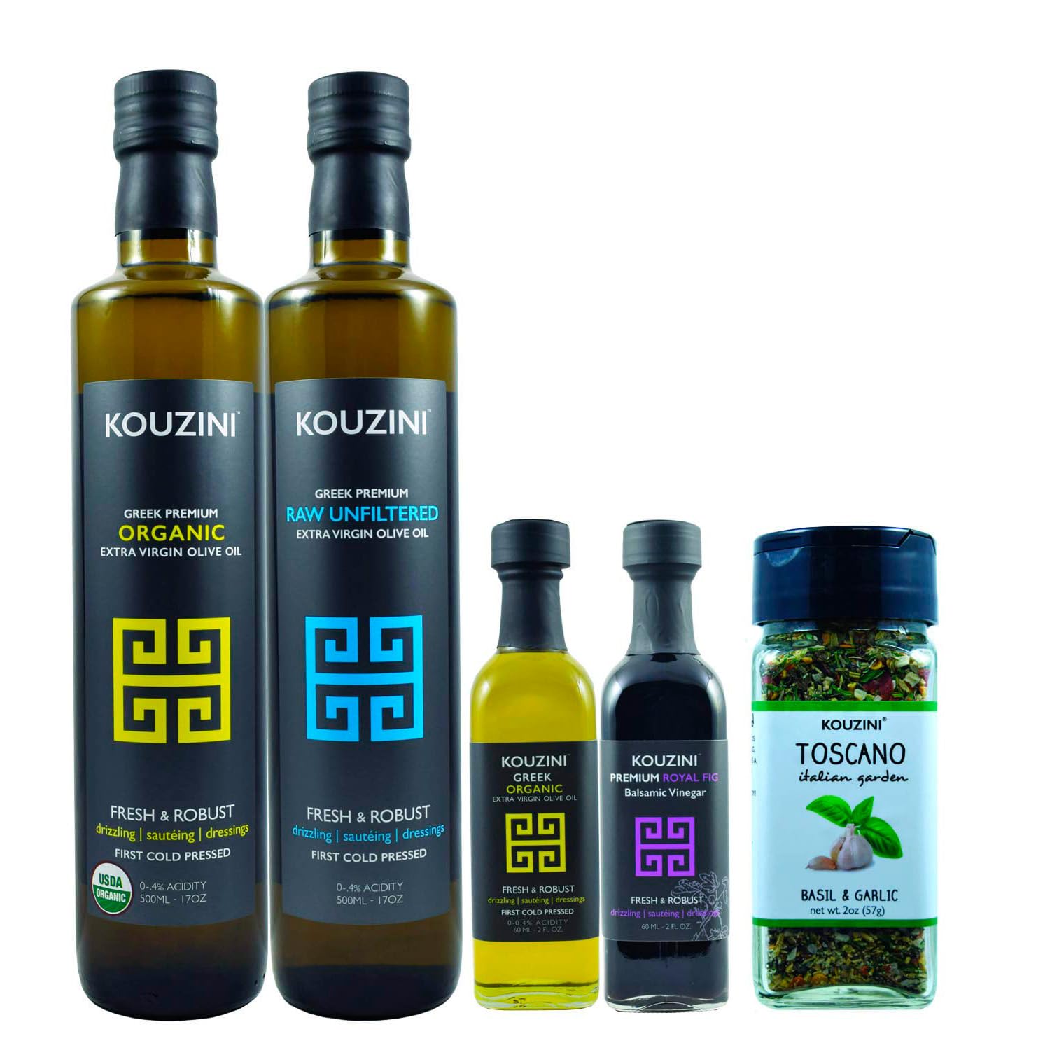 Kouzini Medusa Bundle, Premium Greek Organic Extra Virgin Olive Oil, Raw Unfiltered Extra Virgin Olive Oil, Royal Fig Balsamic Vinegar, and Basil Garlic Seasoning, For Kitchen, Grill, Salad Dressings