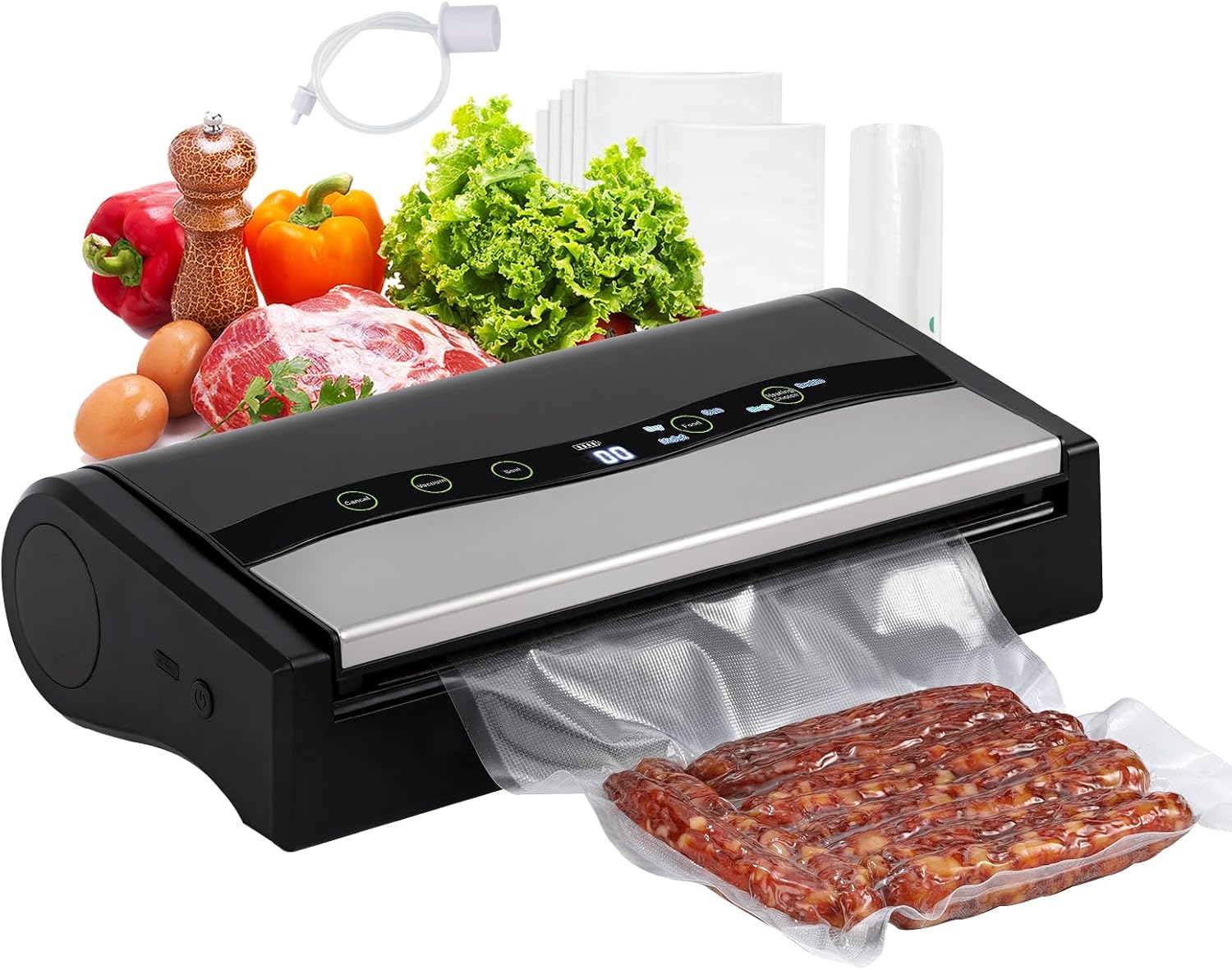 Automatic Food Vacuum Sealer with 10 Bags and 16 Feet Roll, Commercial Vacuum Sealers for Food, Cordless Food Sealer with Double Heat Seal, Build-in Bag Cutter & Storage, 1 Air Suction Hose