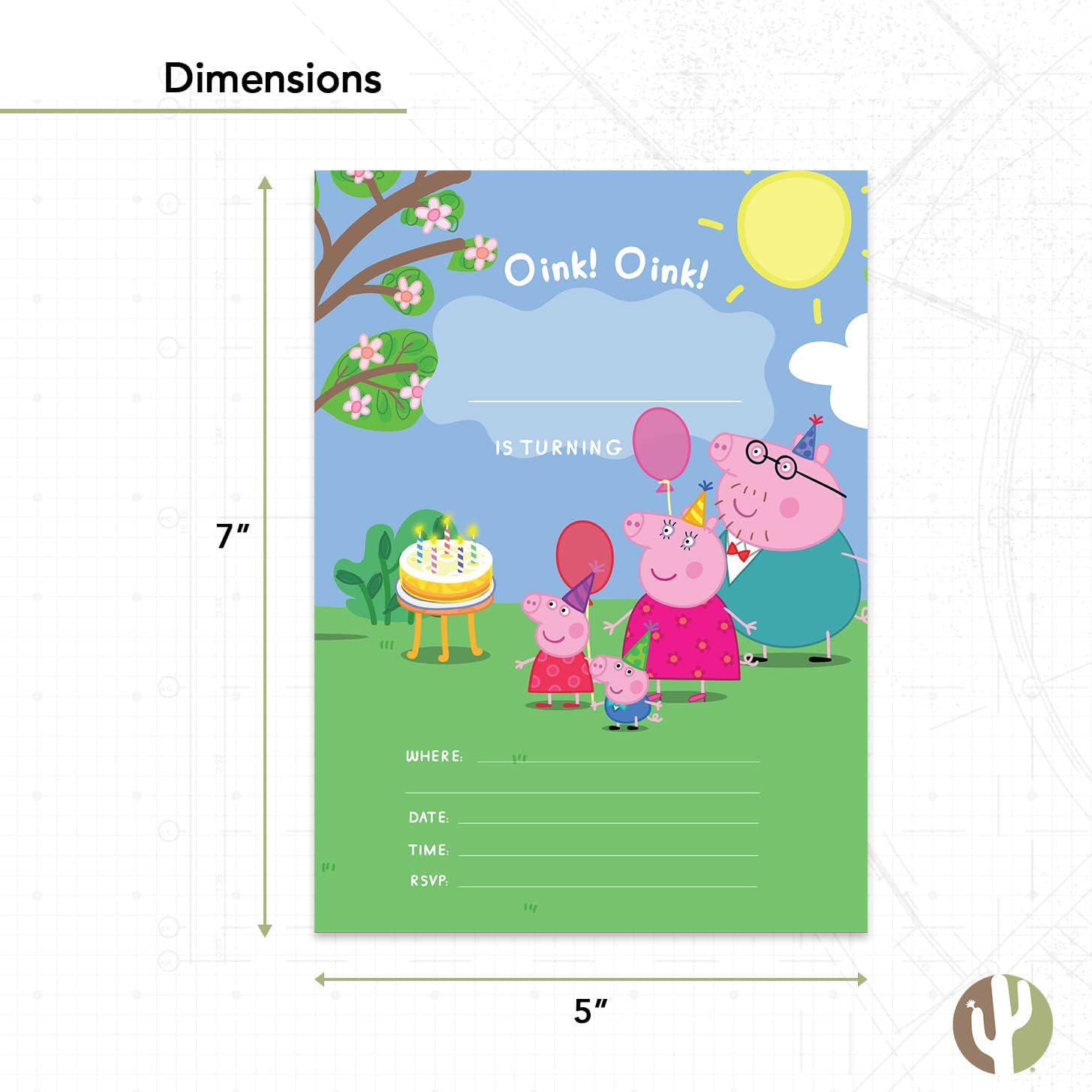 Desert Cactus Peppa Pig Happy Birthday Invitations Invites Cards 10 Count with Envelopes Boys Girls Kids Party (Style A)