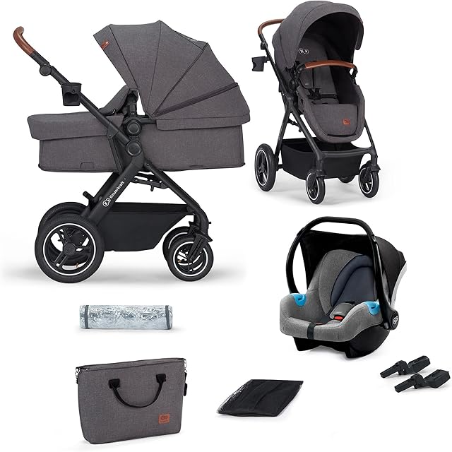 Kinderkraft B-Tour Pushchair Travel Systems 3 in 1 from Birth to 22 kg, Car seat in Set, Stroller Function, Waterproof Material with UPF50+, Lie-Flat Position, Adjustable Parent Handle, Gray
