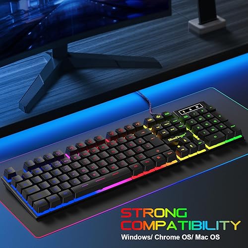 Miniatura 8 de BlueFinger Teclado para juegos USB con cable de tamaño completo, teclado retroiluminado con arco iris iluminado con teclas multimedia, escritura