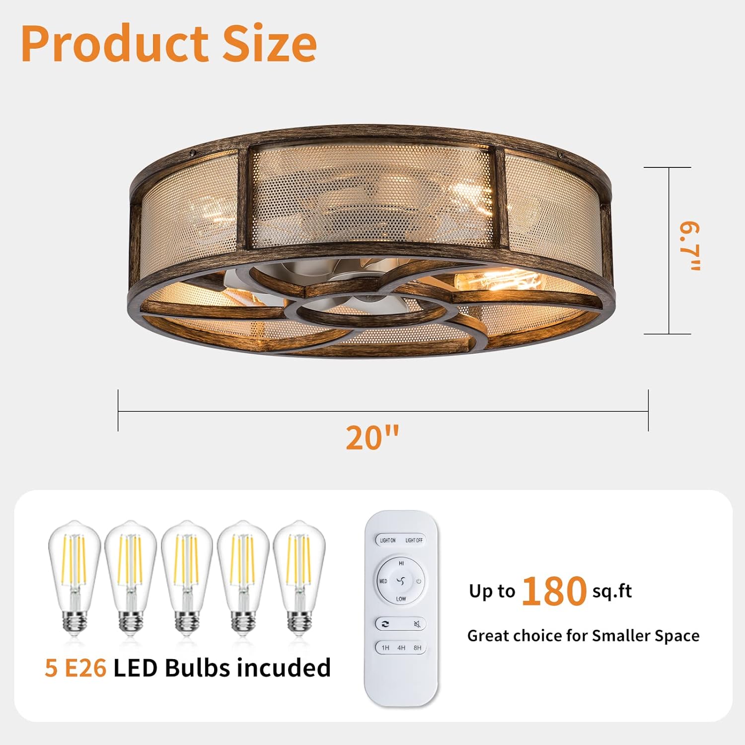 Caged Ceiling Fan with Light Remote Control, 21'' Low Profile Bladeless Enclosed Fan, 6 Speeds Reversible with 5 Bulbs, Rustic Farmhouse Ceiling Fan for Bedroom