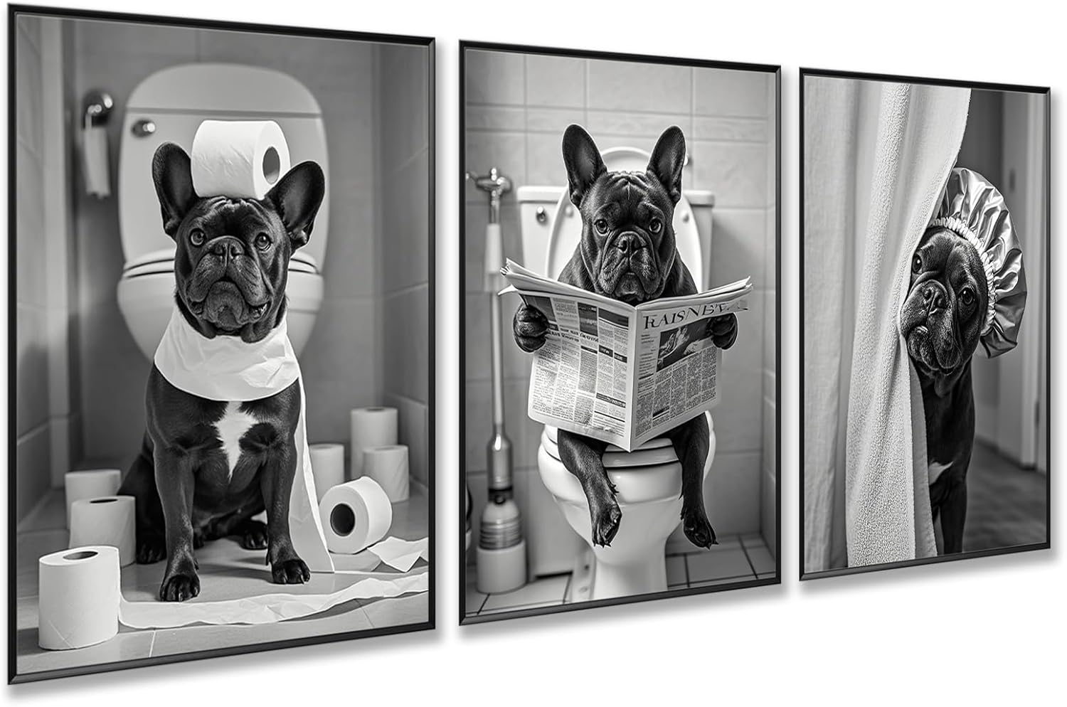 3Pcs Black and White Bathroom Wall Art French Bulldog Reading Newspaper Dog on Toilet Canvas Wall Decor Bathroom Pictures Prints Posters Artwork Toilet Restroom Wall Decorations 12x16 Inch Framed