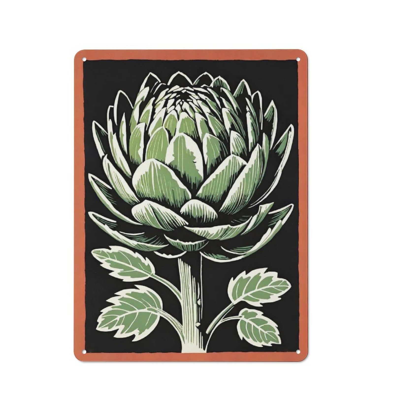 Junmoney Style-12 Linocut Artichoke Vintage Tin Sign 40X30cm For Garage Or Workshop, Suited To Garage Decor Fans, For Retro Home Interiors