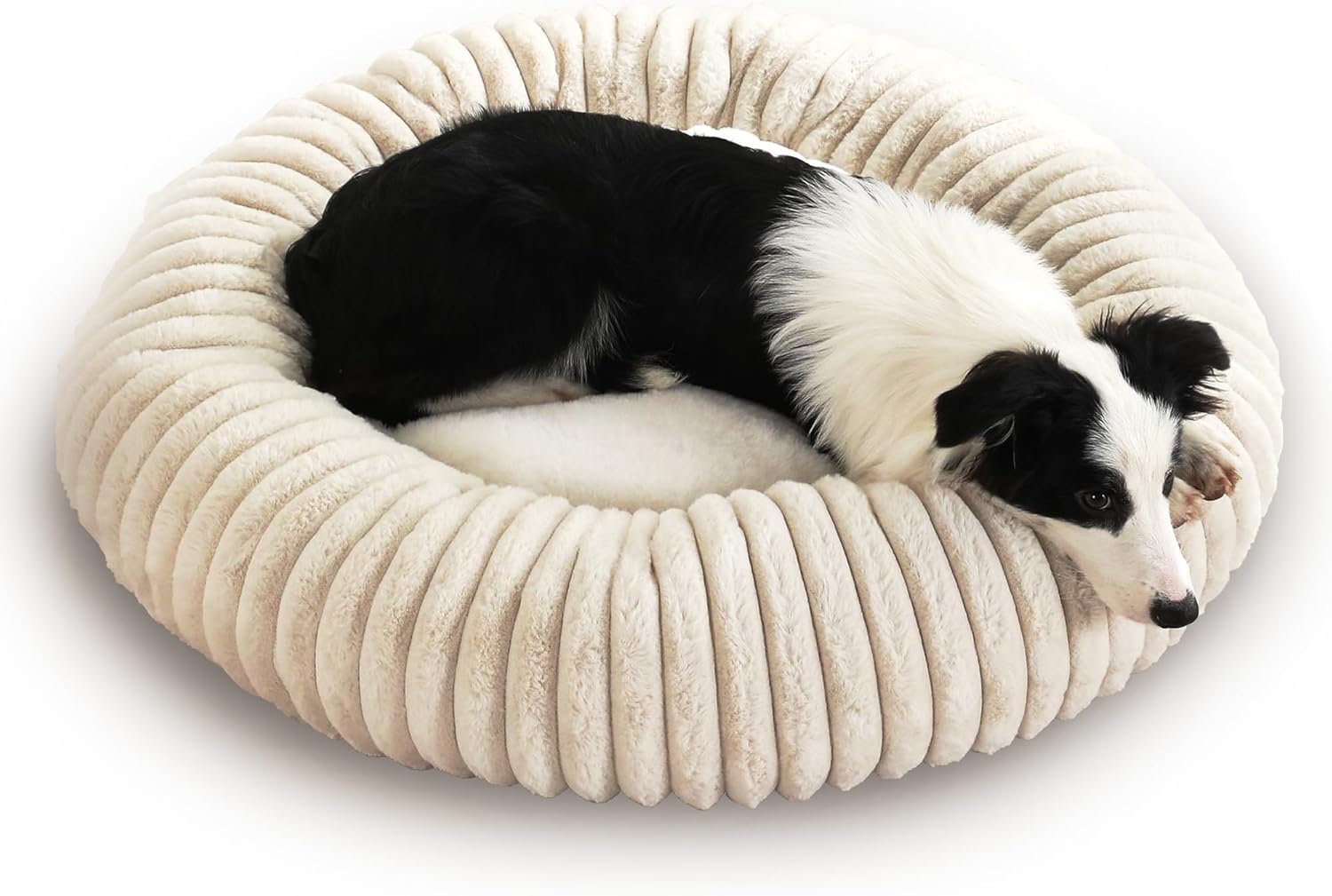 31.5“ Calming Donut Pet Bed, Premium Striped Faux Rabbit Fur Anti-Anxiety for Dog & Cat, Shredded Sponge & PP Cotton Double Filling (Orthopedic Support), Fully Washable, Durable, Waterproof & Non-Slip
