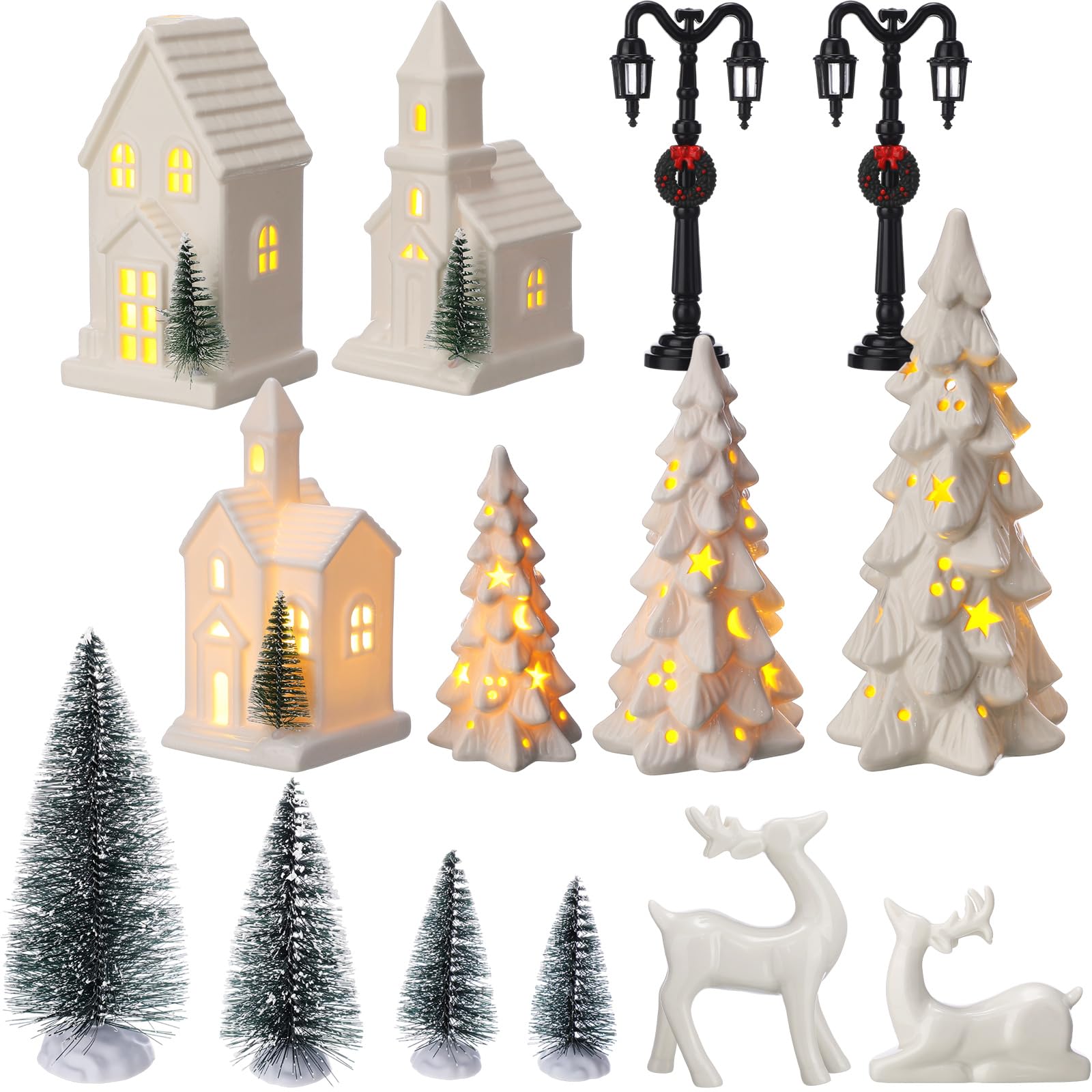 Nuogo Lot de 14 maisons de village de Noël à LED en céramique blanche avec sapin de Noël, figurine de renne en porcelaine, petit lampadaire, décoration de village d'hiver pour cheminée de table de