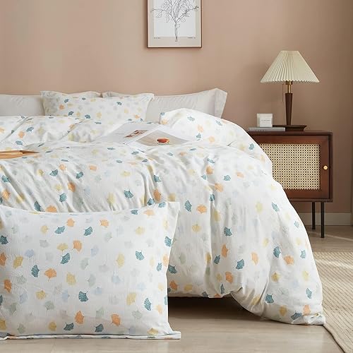 AOJIM Funda de edredón 100% microfibra lavada, juego de ropa de cama blanca de 3 piezas, 1 funda de edredón colorida de hoja de ginkgo y 2 fundas de