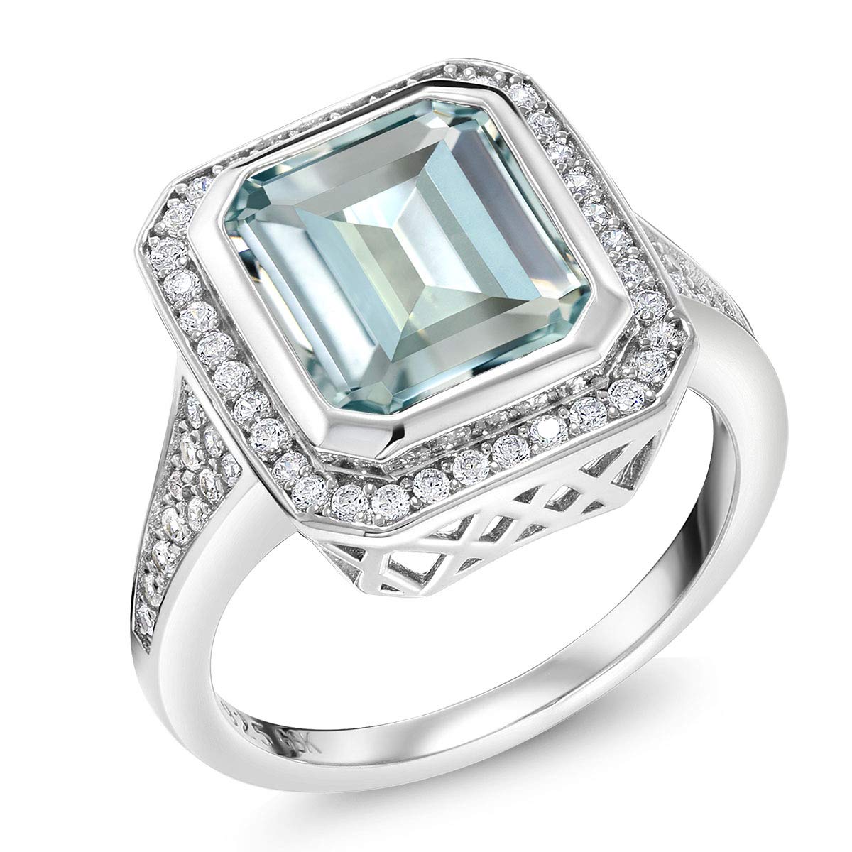Gem Stone King 5.00 Cttw Simulated Aquamarine Ring For Women | 925 Sterling Silver | Emerald Cut 11X9MM | Wedding Engagement Anniversary Promise Ring