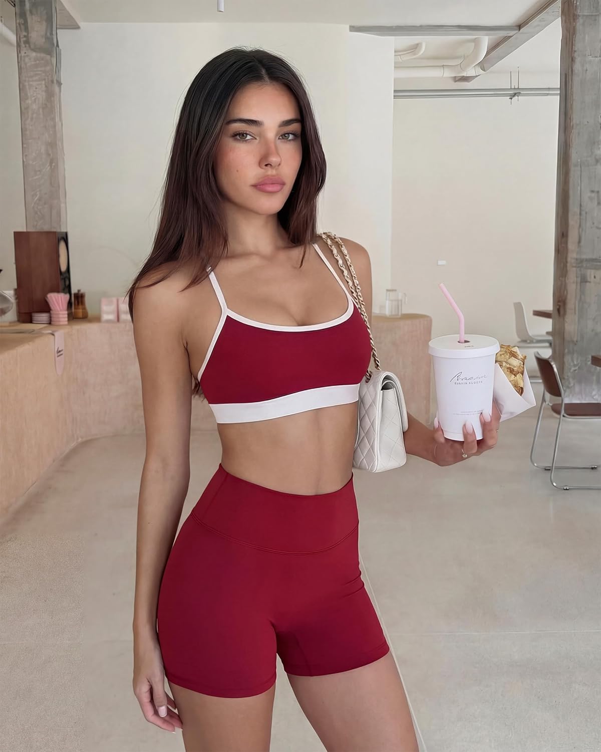 MOOSLOVER Women 2 Piece Workout Sets Layered Halter Sport Bra V Back Gym Shorts Yoga Outfits - Image 5