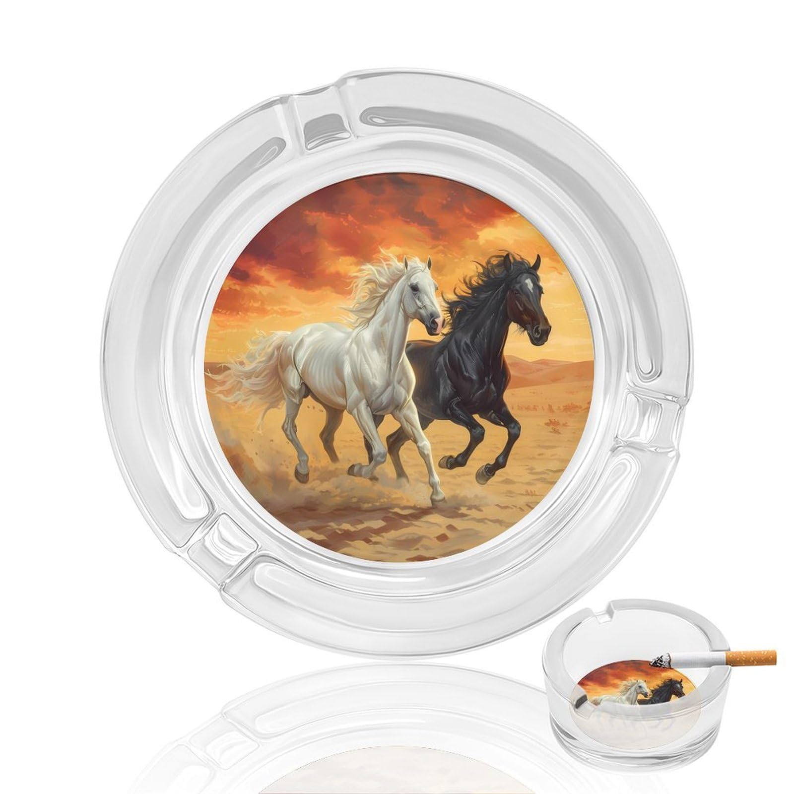 Nclqvjxzkhw Style Running White And Black Horses Glass Ashtray Round Ash Tray Smoking Trays For Home Garden Outdoor