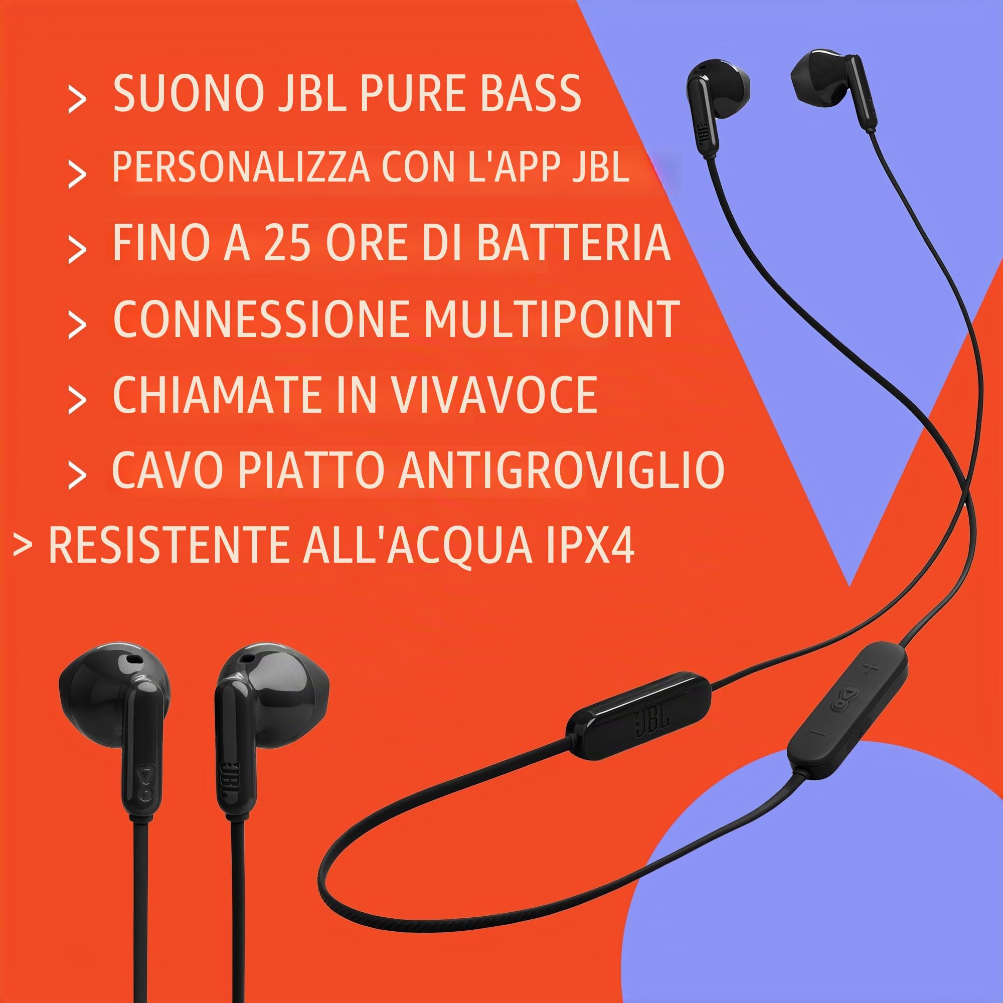 JBL Tune 235BT - Auricolari wireless Bluetooth in-ear con microfono a 3 pulsanti, telecomando e cavo piatto, colore: Nero