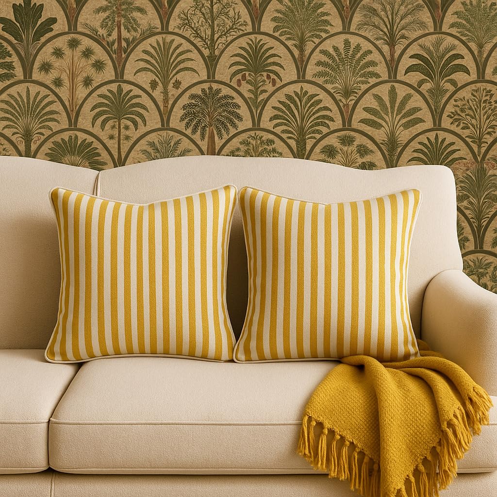 Award Velvet's Yellow and White Stripe Throw/Pillow Cushion Covers Set of 2 (16 x 16 inches)