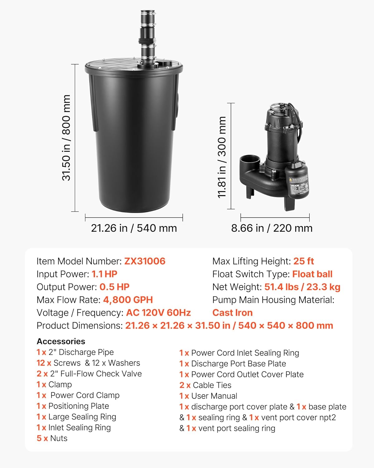 VEVOR Sewage Pump System, 1/2 HP, 4800 GPH Cast Iron Sewage Pump with Basin Kit, 120 Volt, Automatic On/Off Outdoor Water/Seepage Collection and Removal System with Float Switch, 2" Discharge, Black