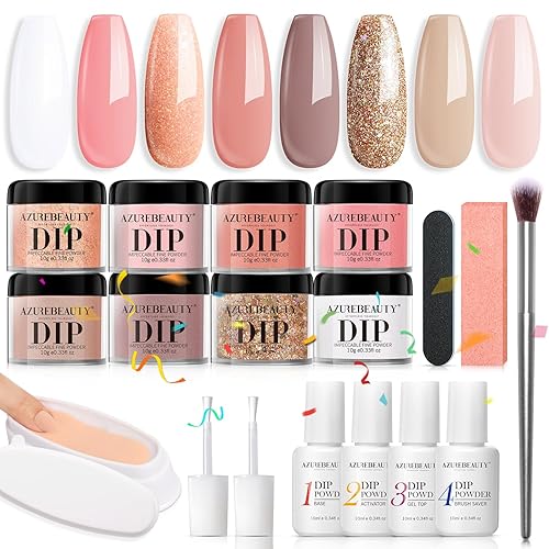 AZUREBEAUTY Kit de iniciación de 18 piezas de polvo de inmersión para uñas, 8 tonos de piel nude, champán, brillantina, rosa neutro, con polvo de