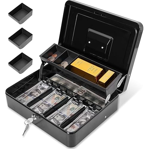 Cash Box with Lock and 2 Keys, Large Cash Boxes, Metal Money Box with Cash Tray, Lock Safe Box, Portable Cash Lock Box,4 Bill/5 Coin Slots, 11.8L x 9.5W x 3.5H Inches (Key-Black)