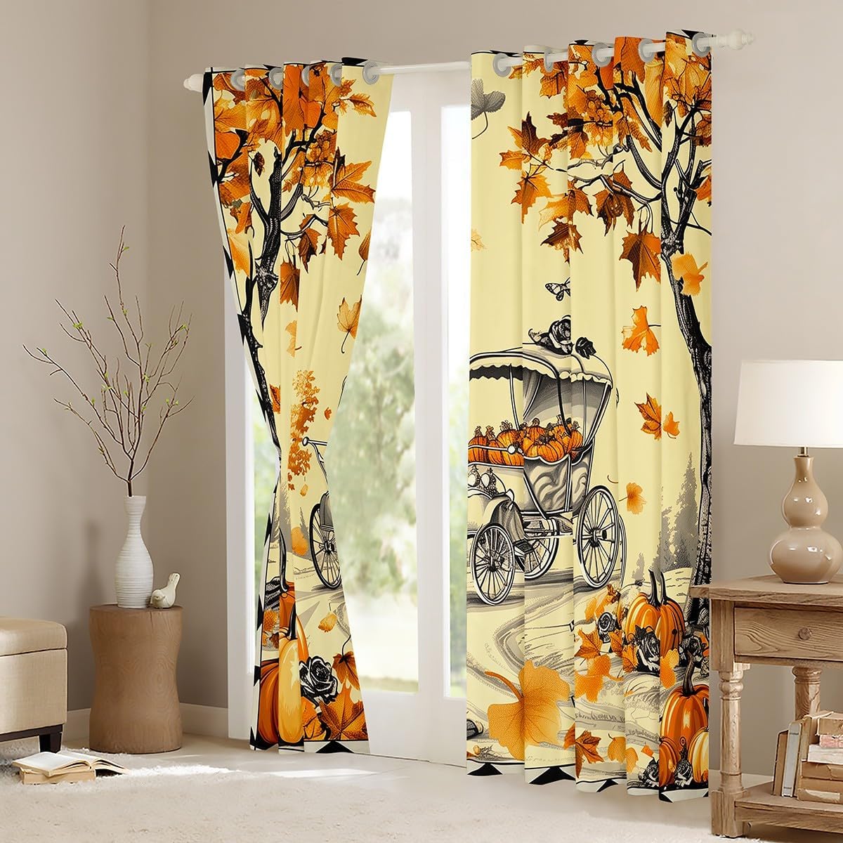 Erosebridal 秋の装飾カーテン&amp;ドレープ 秋のパンプキンカーテン、収穫テーマ 遮光カーテン ボタニカルメープルツリ