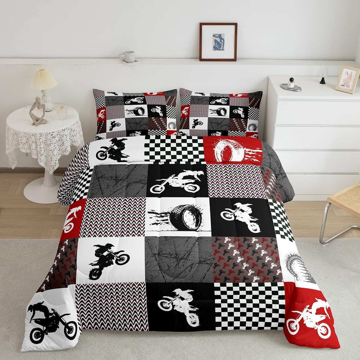 Feelyou Dirt Bike Comforter Set for Boys Kids Twin Size Extreme Sports Comforter Room Decorative Racing Motocross Rider Bedding Set Red Buffalo Check Duvet Set 2Pcs Quilt Set with 1 Pillow Case