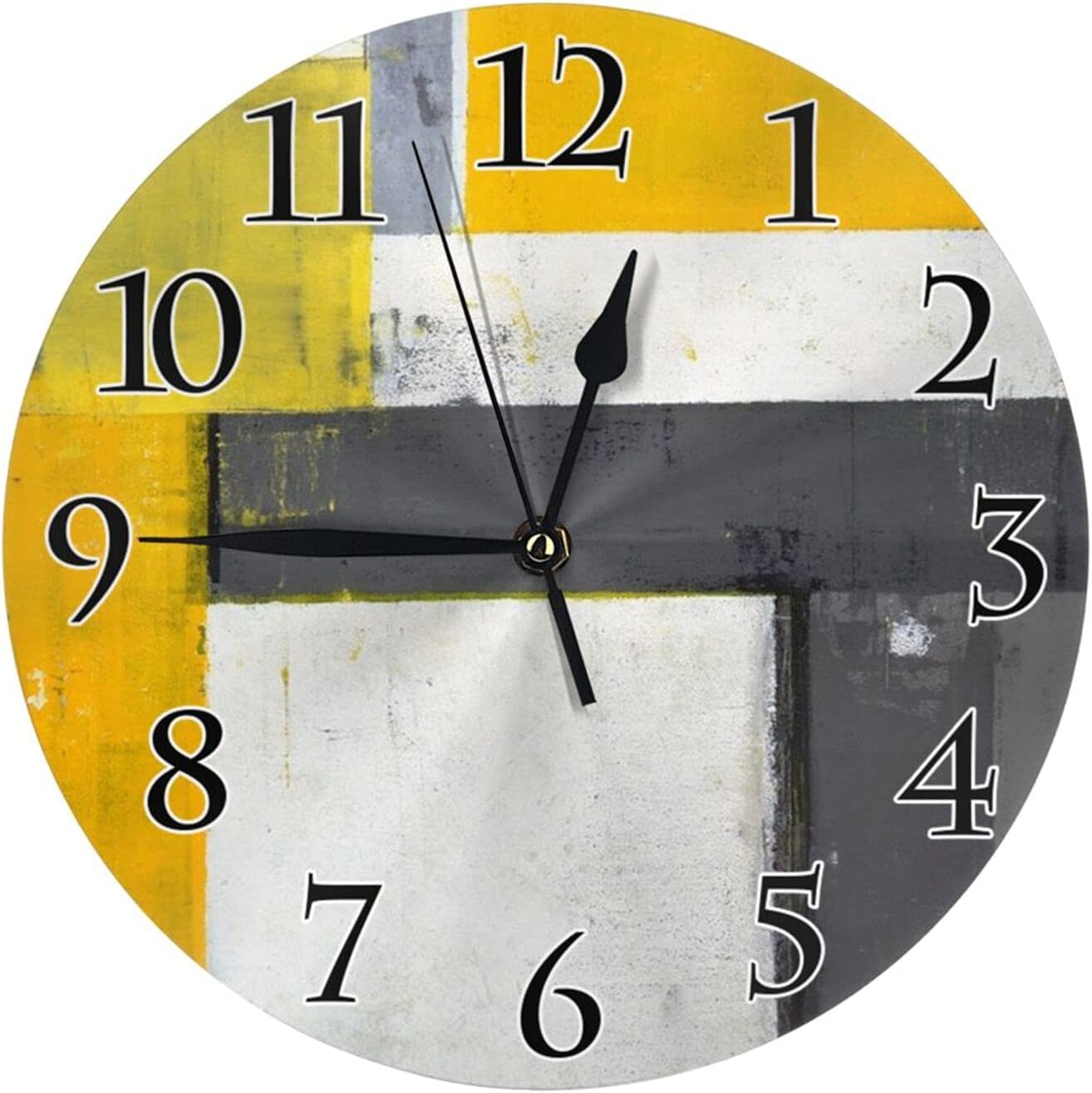 Grey and Yellow Decorative Wooden Wall Clock, Street Modern Rock Abstract Rustic Round Shape-Silent Desk Gift for Loved Ones, Friends, Couples -10 inches Quality Quartz Battery Operated
