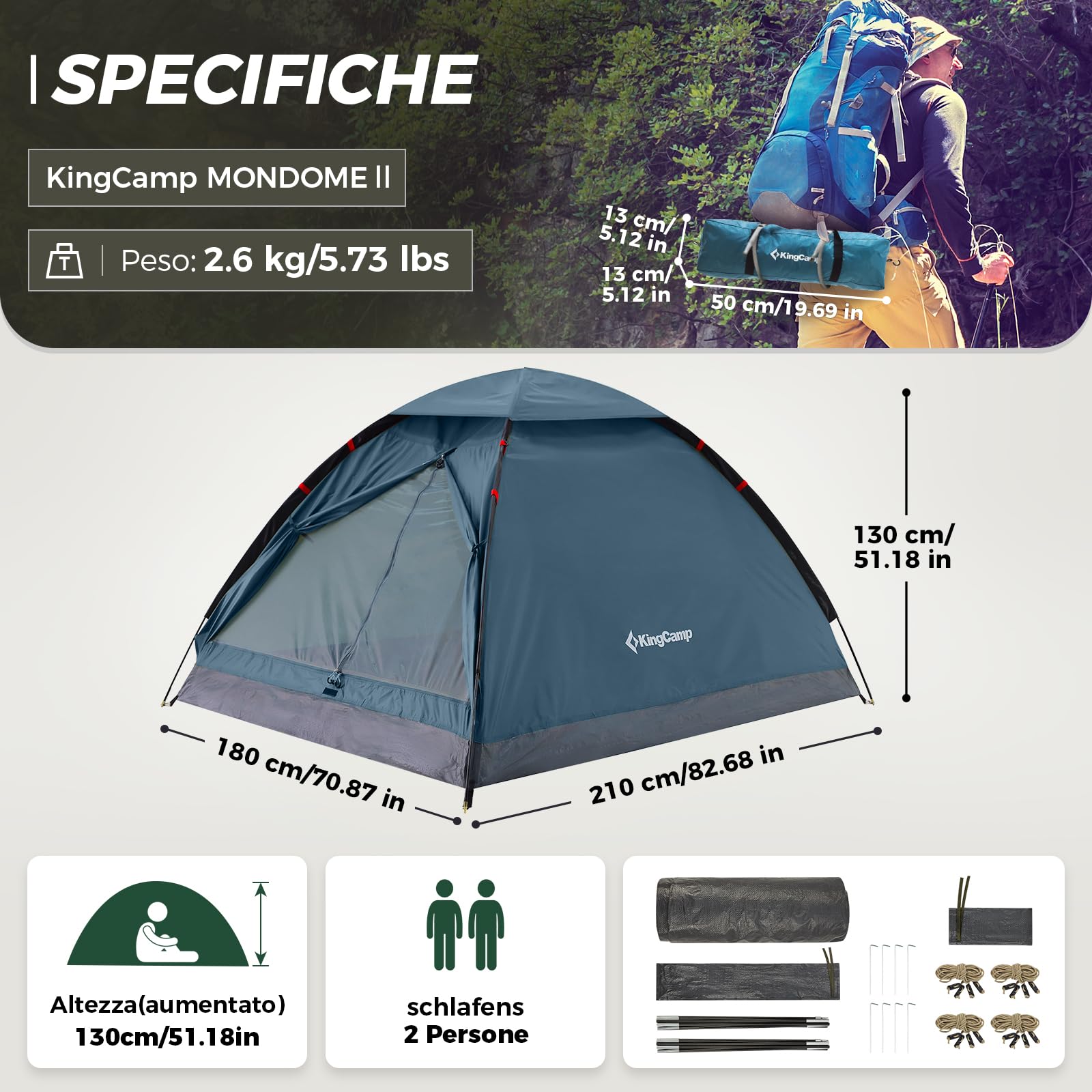 KingCamp Tenda da campeggio per 2 persone, leggera, impermeabile, facile da montare, per la famiglia in viaggio, campeggio e attività all'aperto
