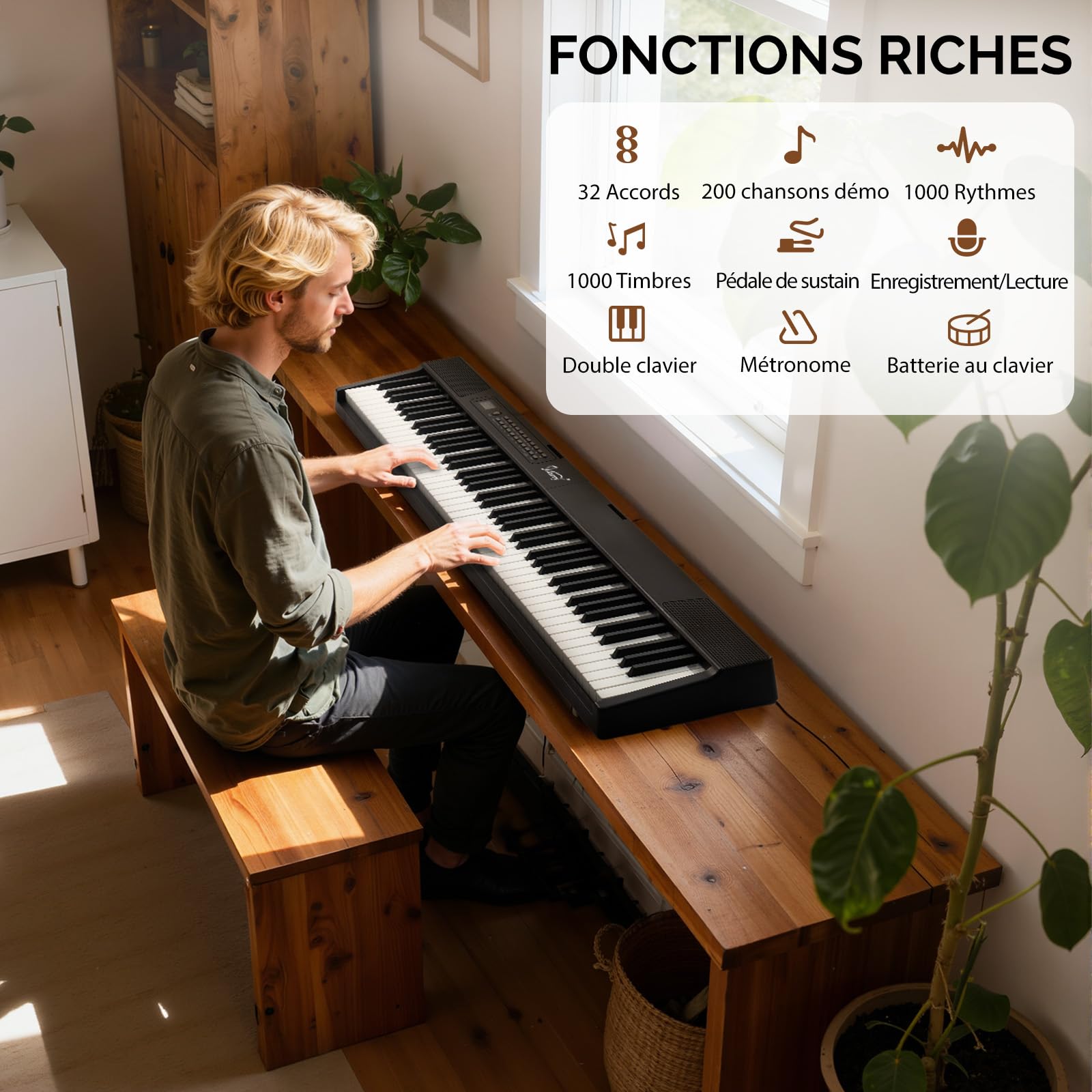 Bonnlo Piano Numérique Pliable GPPS01-106 à 88 touches, Clavier Semi-Lesté Standard, avec MIDI, Bluetooth, Sac à Main et Casque Audio Inclus, Noir