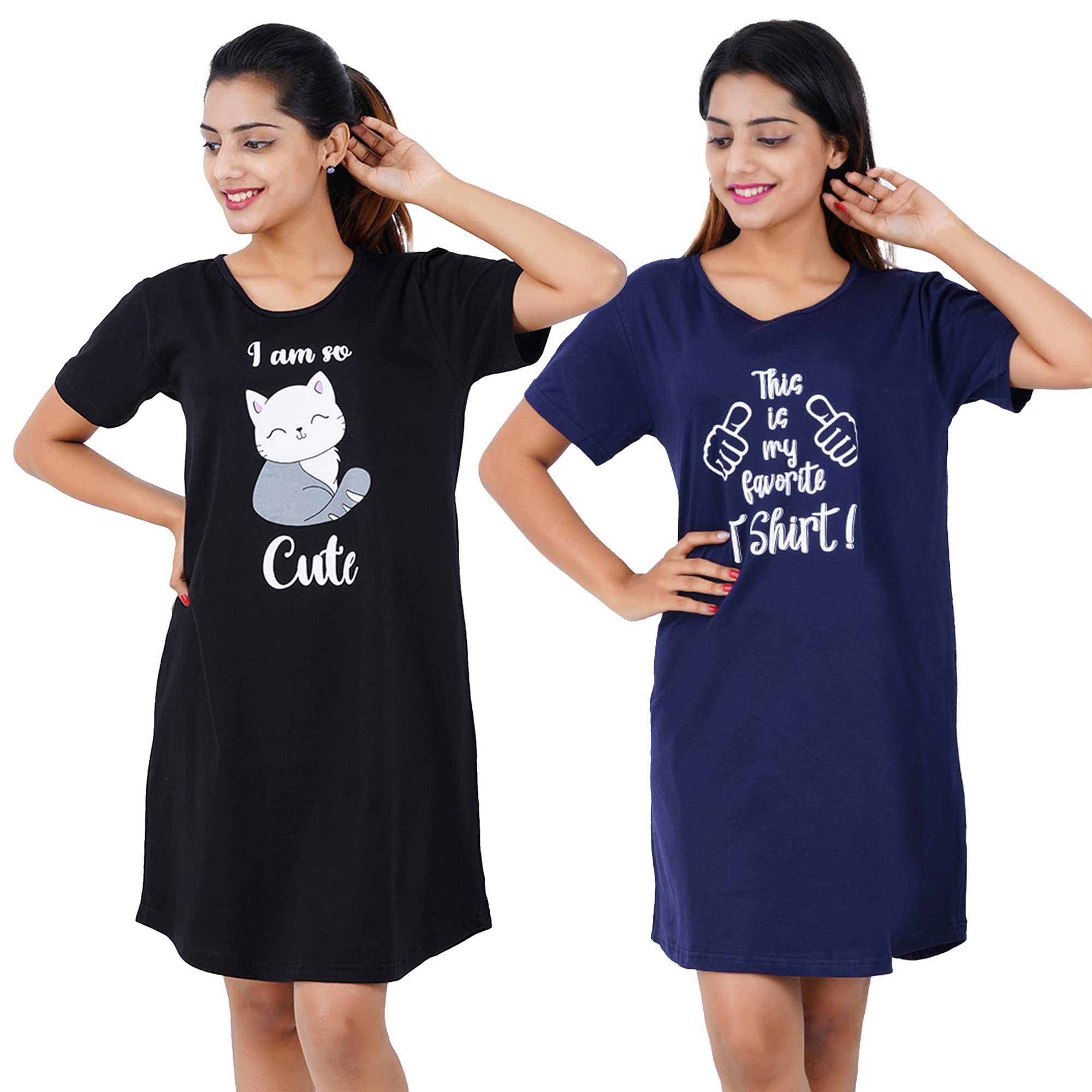 Buy That Trendz Women's Cotton Graphic Print Knee Length Short Night Dress (Pack of 2)