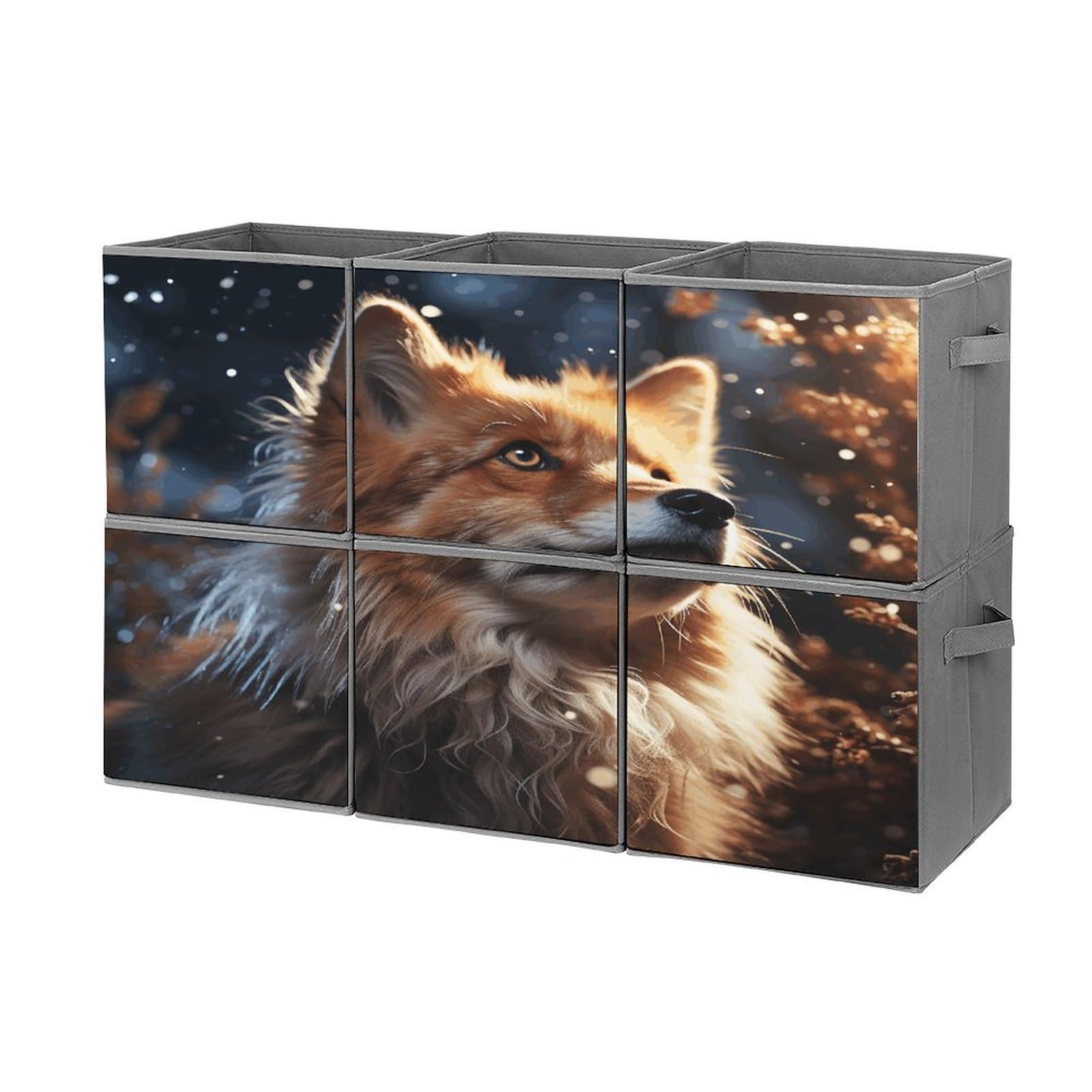 Fekiloot Style Fox Looking Up Storage Bin For Foldable And Handles,Closet Organizer Of 6-Pack Stackable,Storage Box For Living,Room, Office,Bedroom,Closet