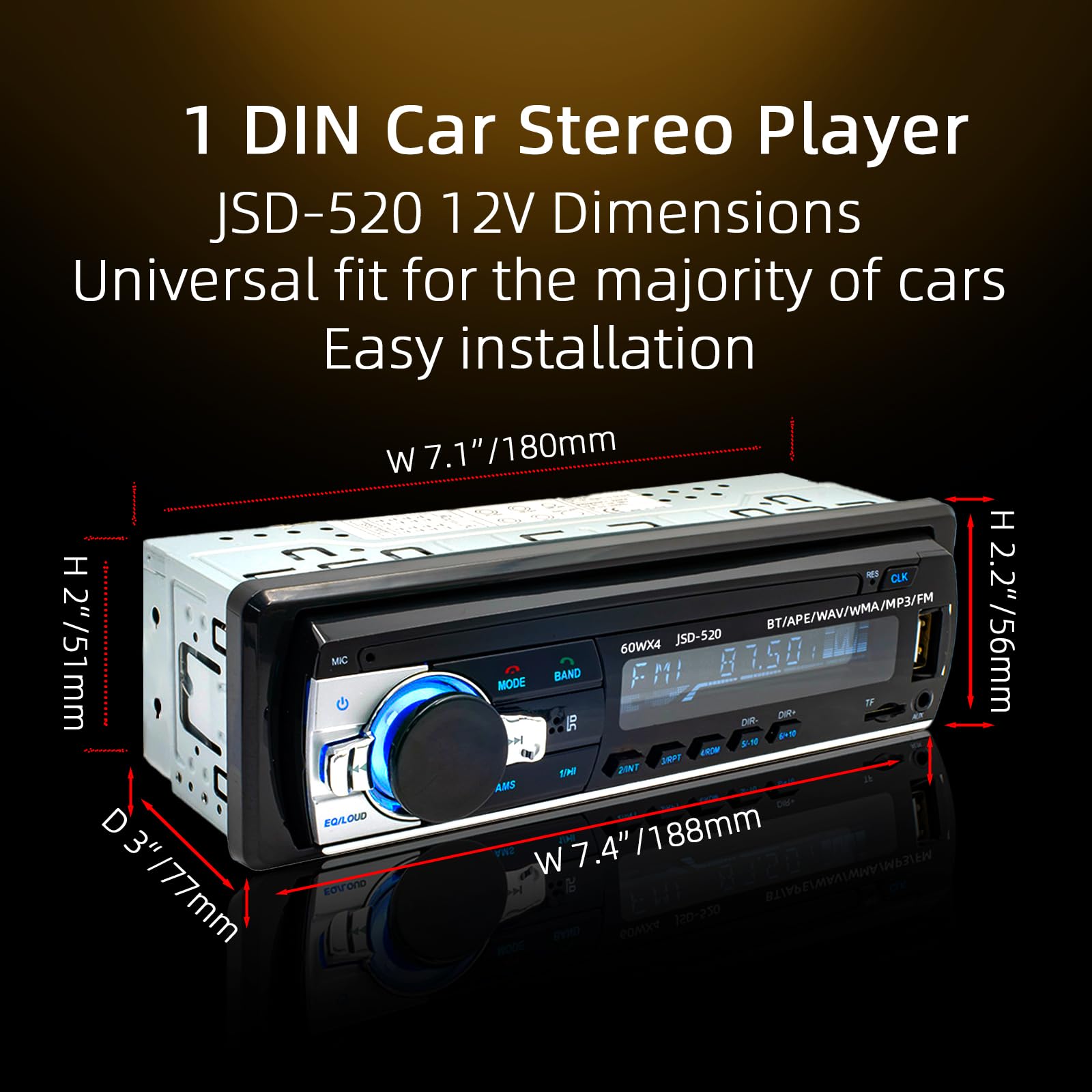 JSD-520 - Reproductor de audio estéreo para coche, MP3, Bluetooth, manos libres, receptor de radio FM, carga USB/AUX/TF, sin reproductor de CD