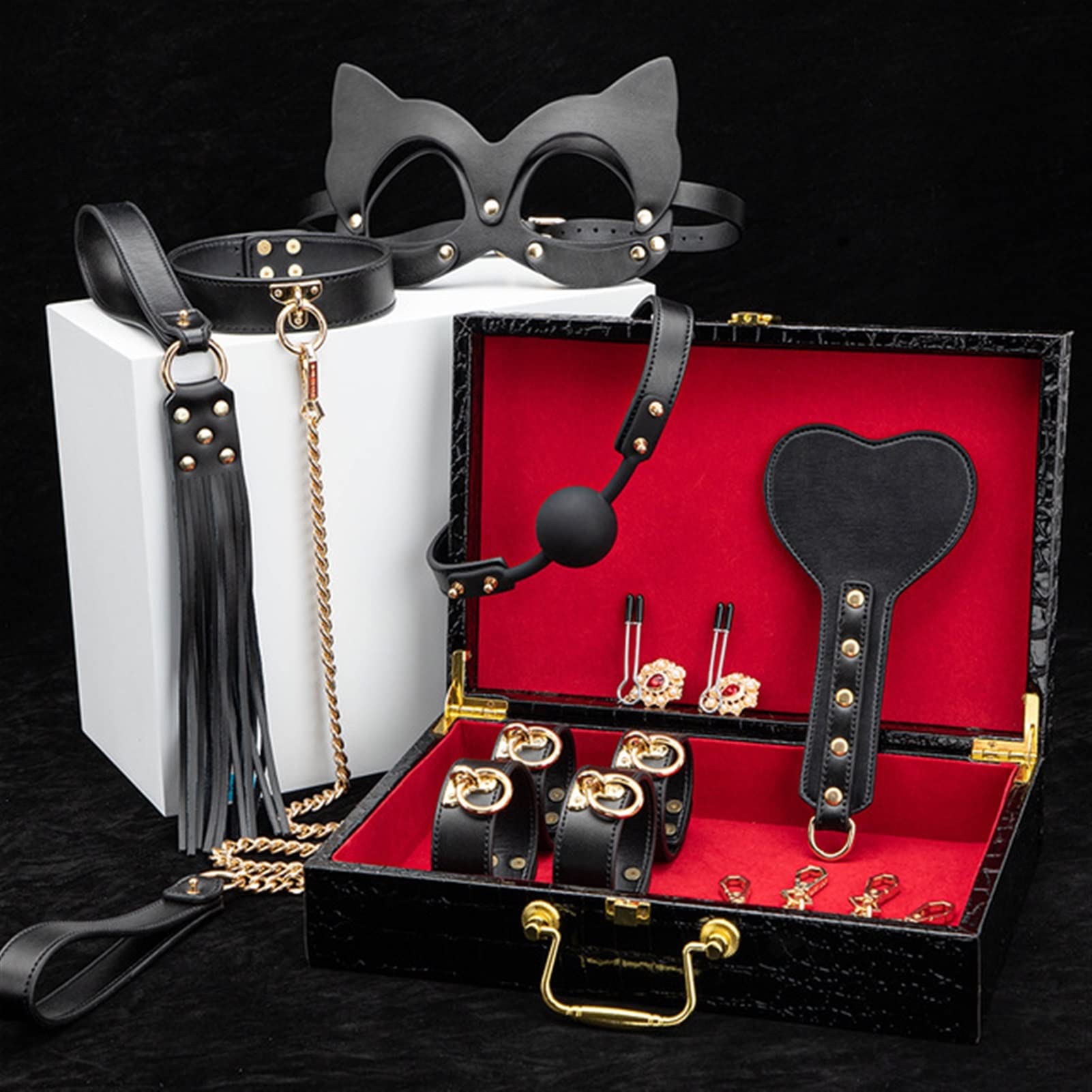 SM Kits de bondage en cuir authentique retenue des menottes de collier (Color : Whole Set (With Box))