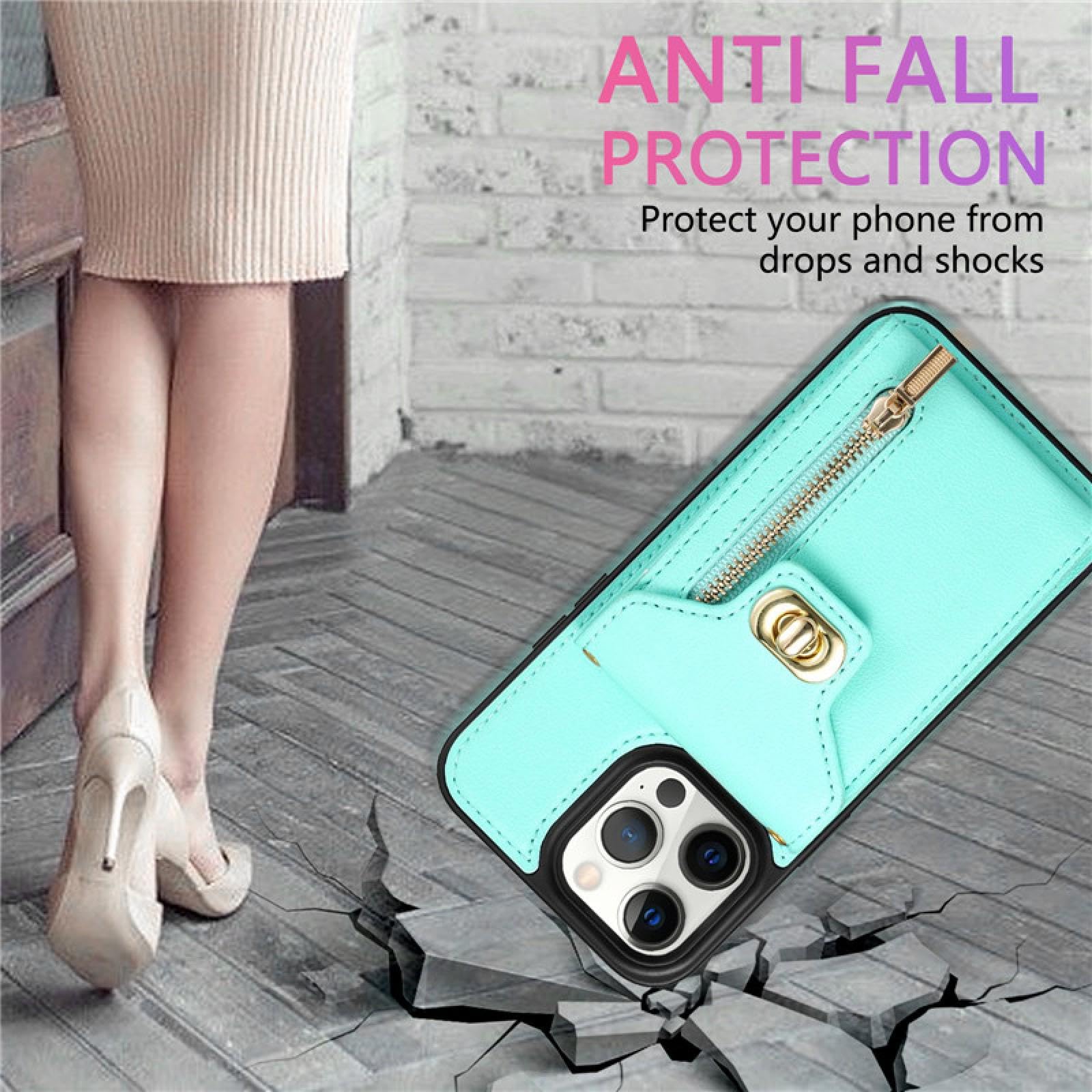 Für iPhone 15 Plus Lanyard Leder Reißverschluss Brieftasche Karte Handyhülle Geldbörse Flip Stand Cover (Für iPhone 15 Plus/schwarz)